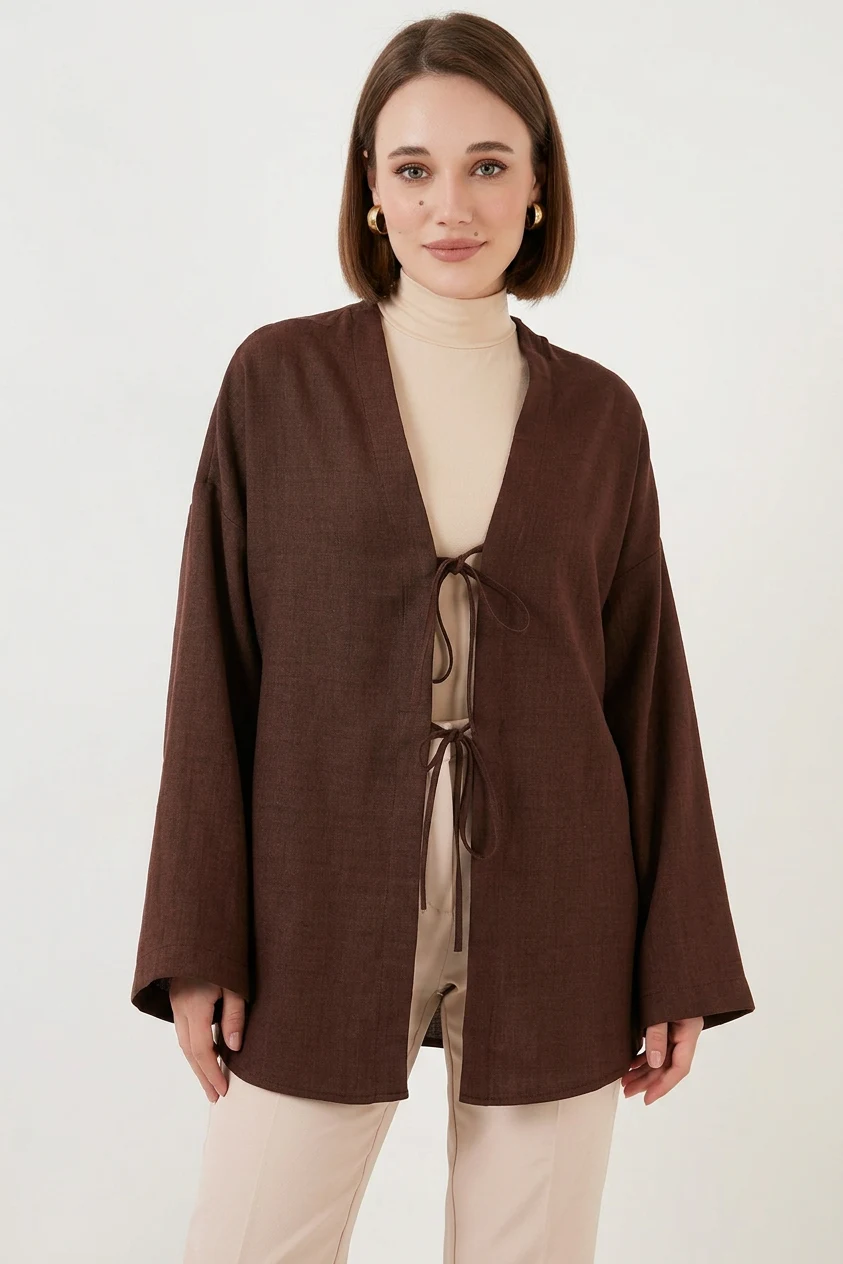  Kadın Kuşaklı Viskon Kahverengi Tesettür Kimono 