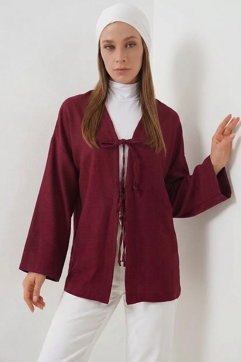  Kadın V Yaka Bağcıklı Viskon Bordo Tesettür Kimono 