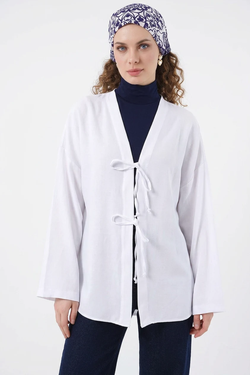 Kadın V Yaka Bağcıklı Viskon Beyaz Tesettür Kimono 