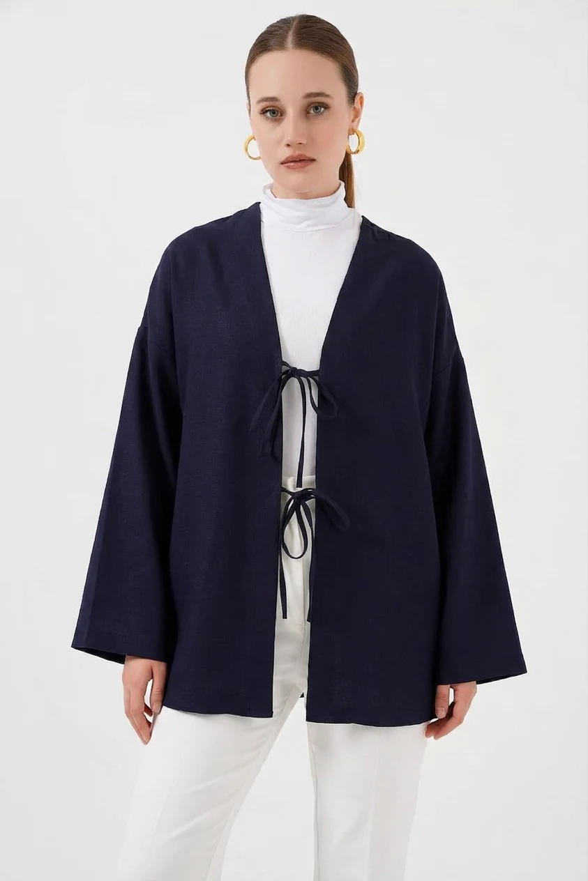  Kadın V Yaka Bağcıklı Viskon Lacivert Tesettür Kimono 