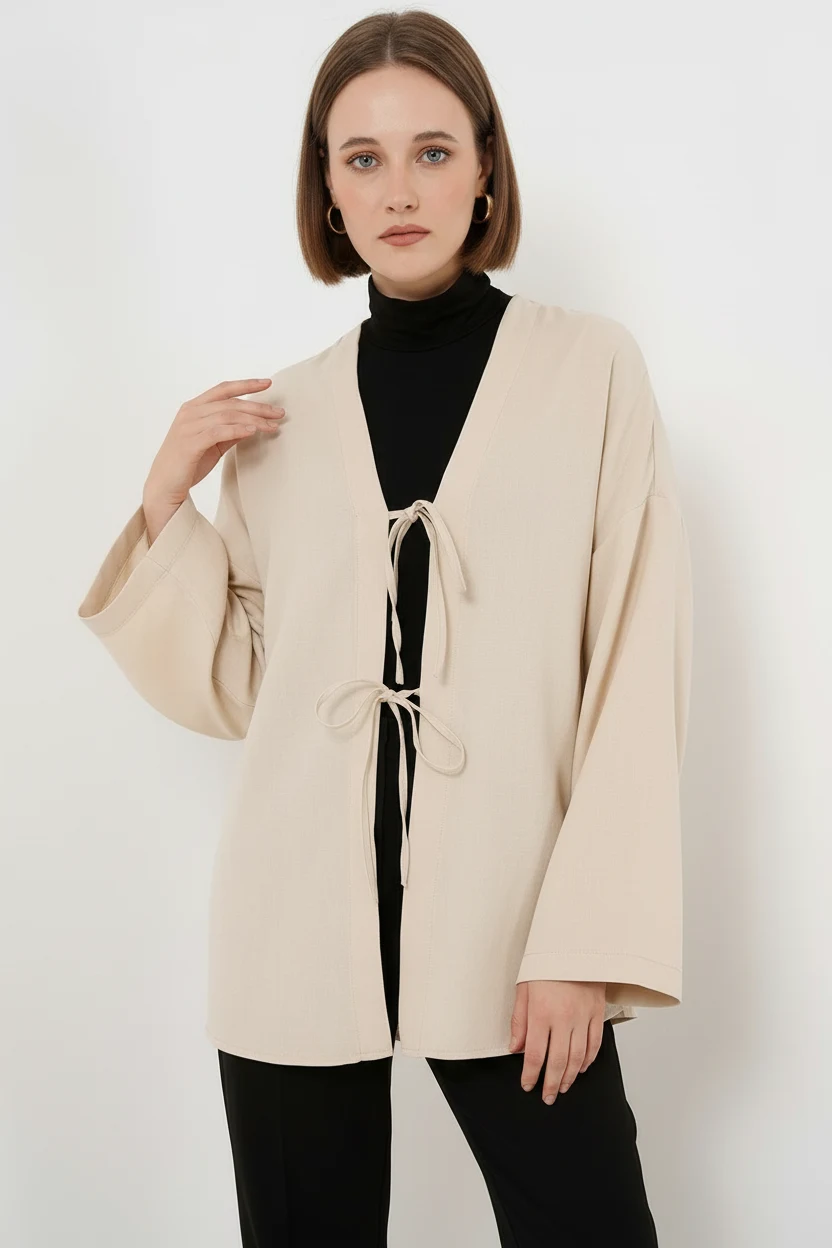  Kadın Kuşaklı Viskon Krem Tesettür Kimono 