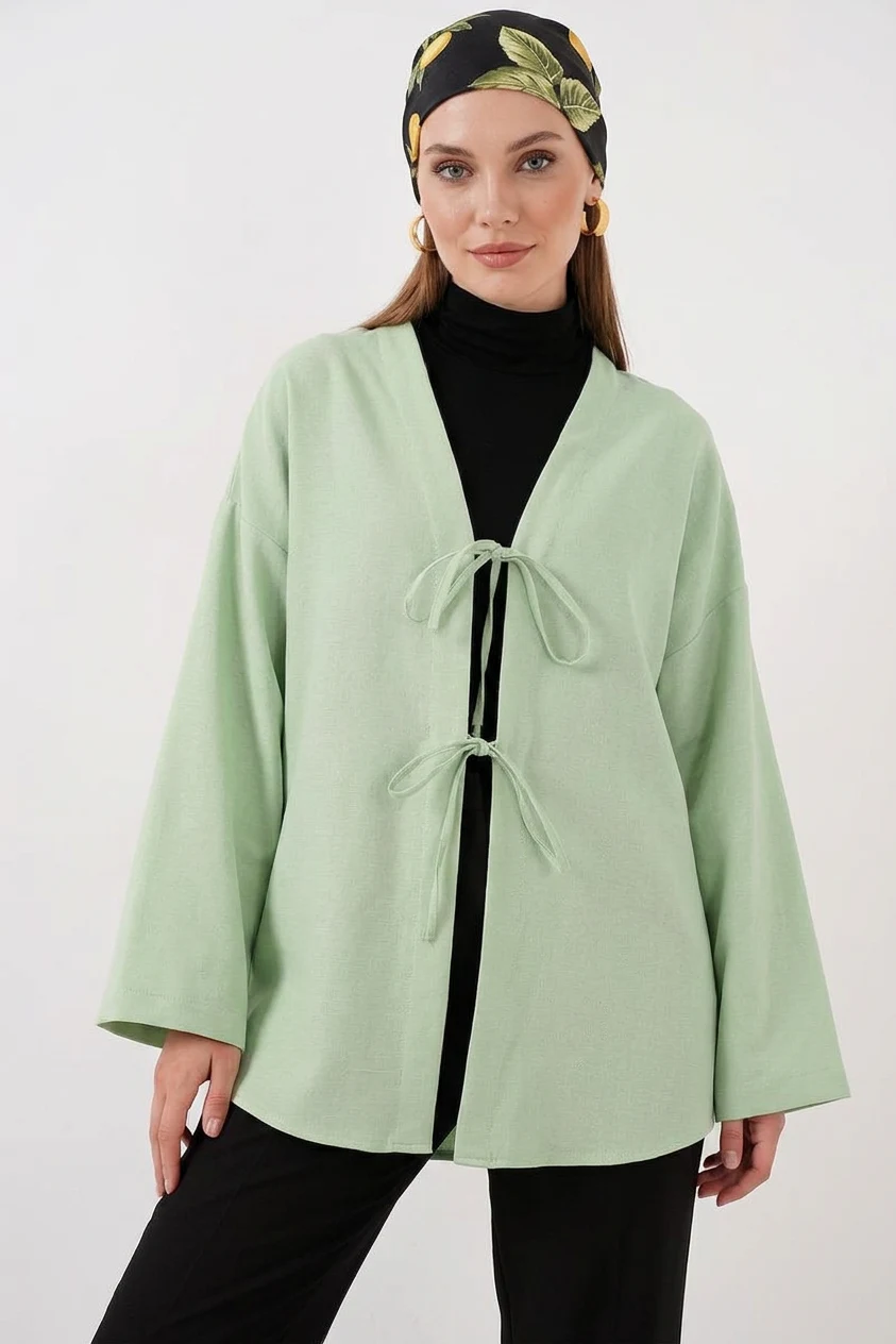  Kadın Yaka Bağcıklı Viskon Çağla Yeşili Tesettür Kimono 
