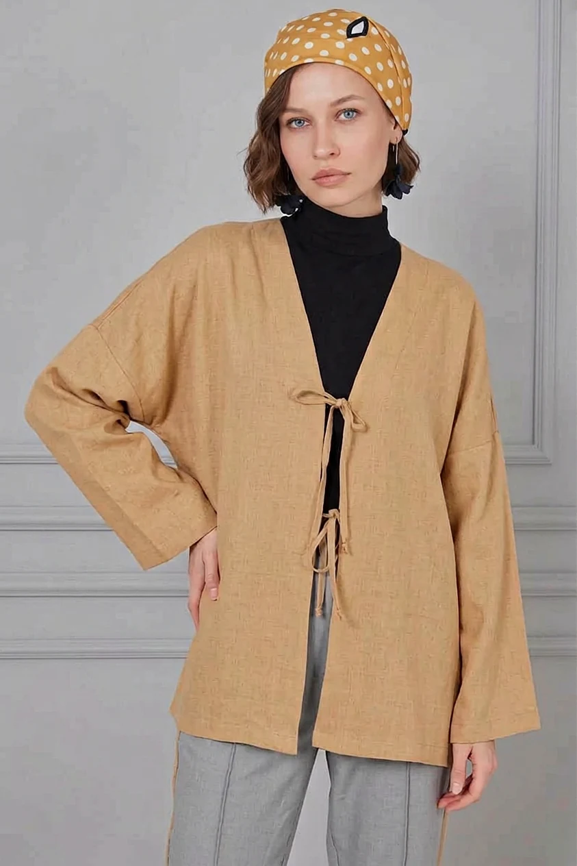  Kadın V Yaka Kuşaklı Viskon Camel Tesettür Kimono 