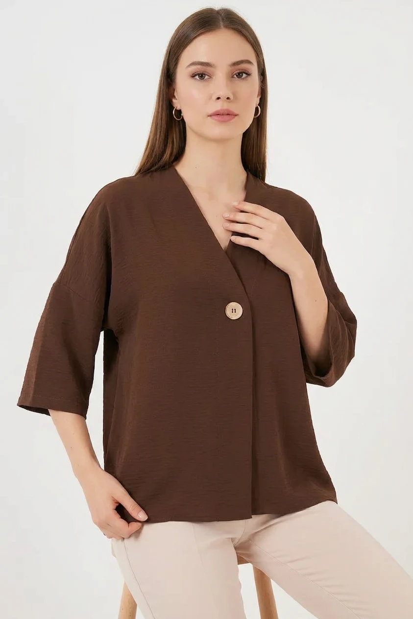  Kadın V Yaka Kısa Kol Oversize Kahverengi Kimono 