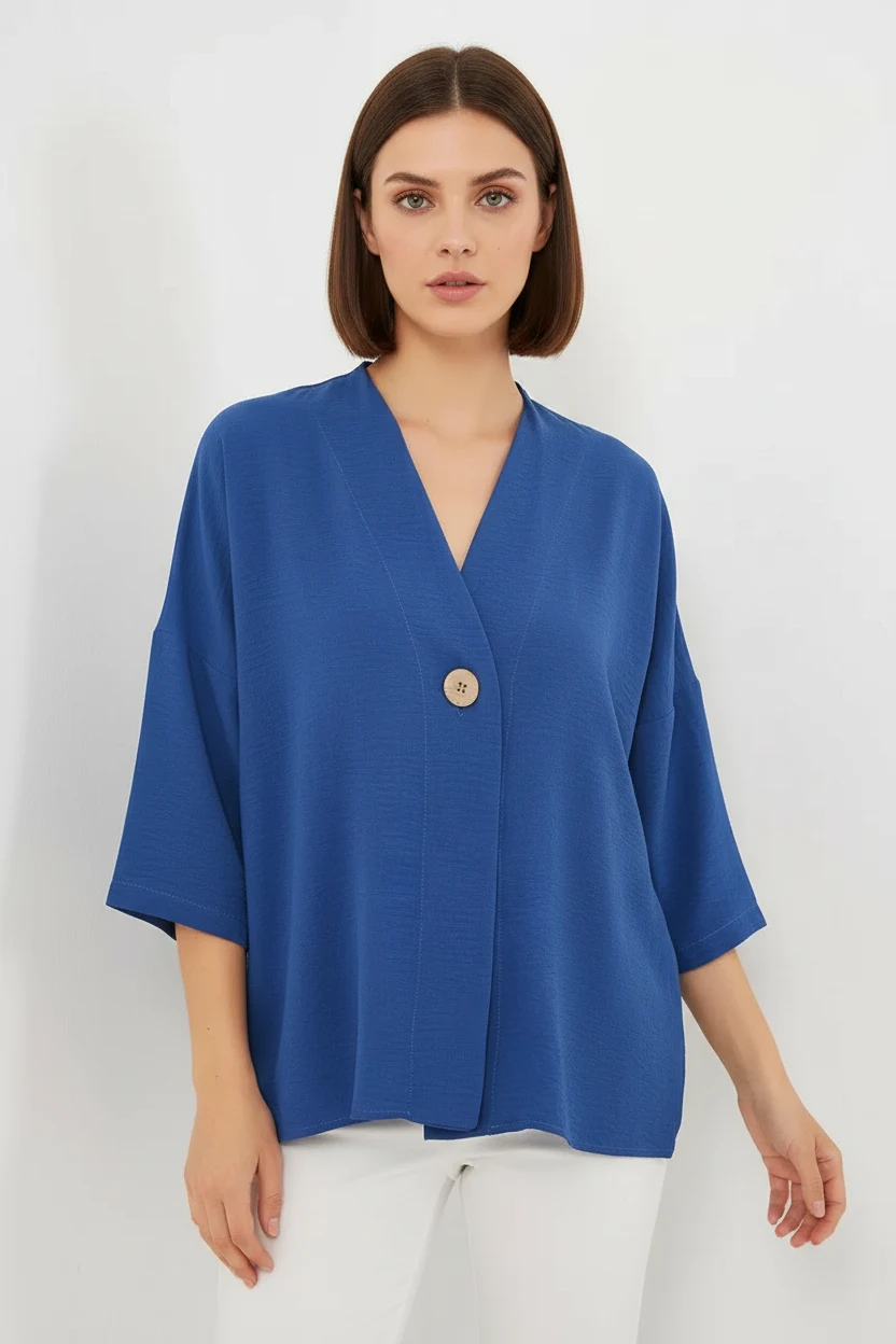  Kadın V Yaka Oversize Kısa Kol İndigo Kimono 