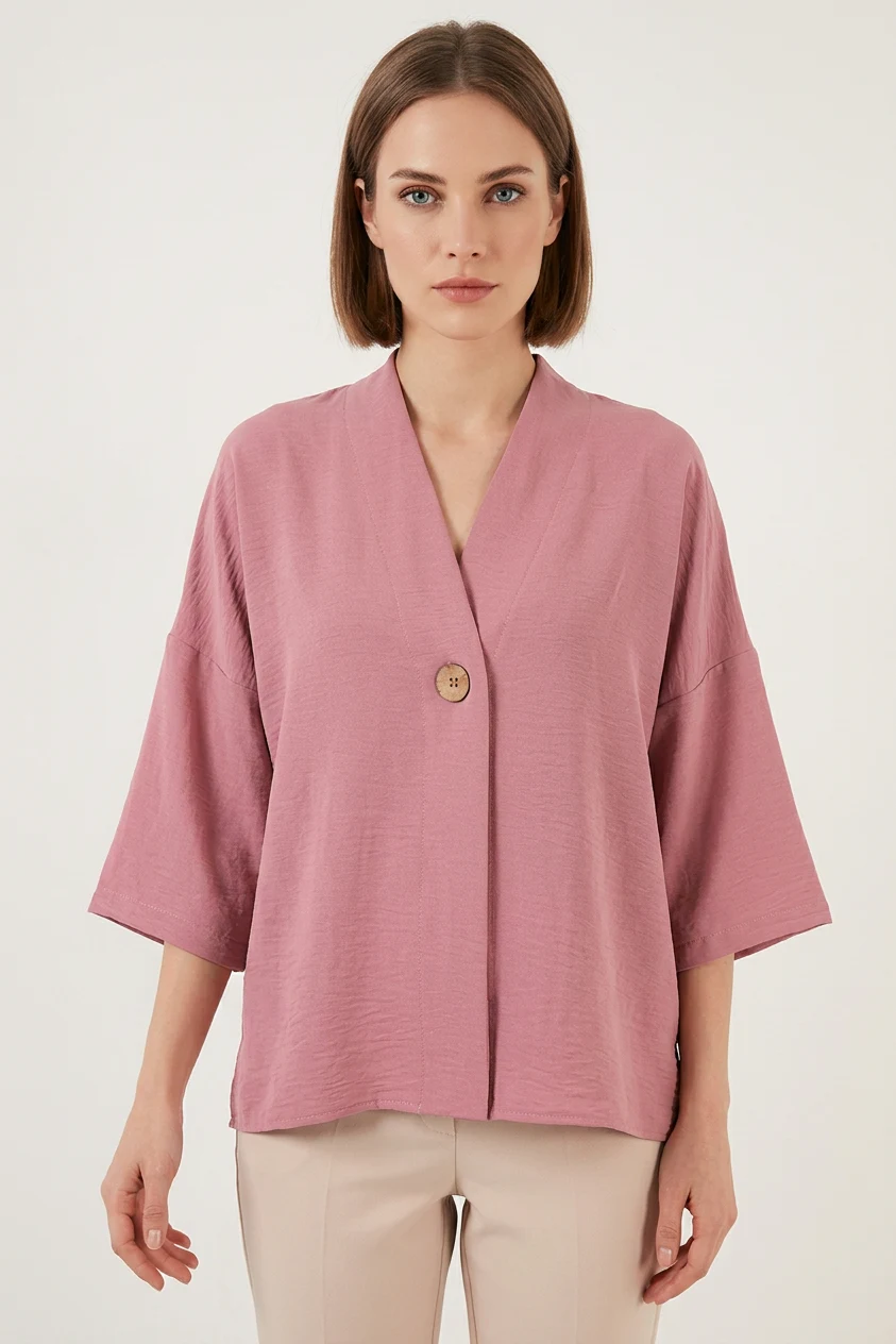  Kadın V Yaka Kısa Kol Oversize Gül Kurusu Kimono 