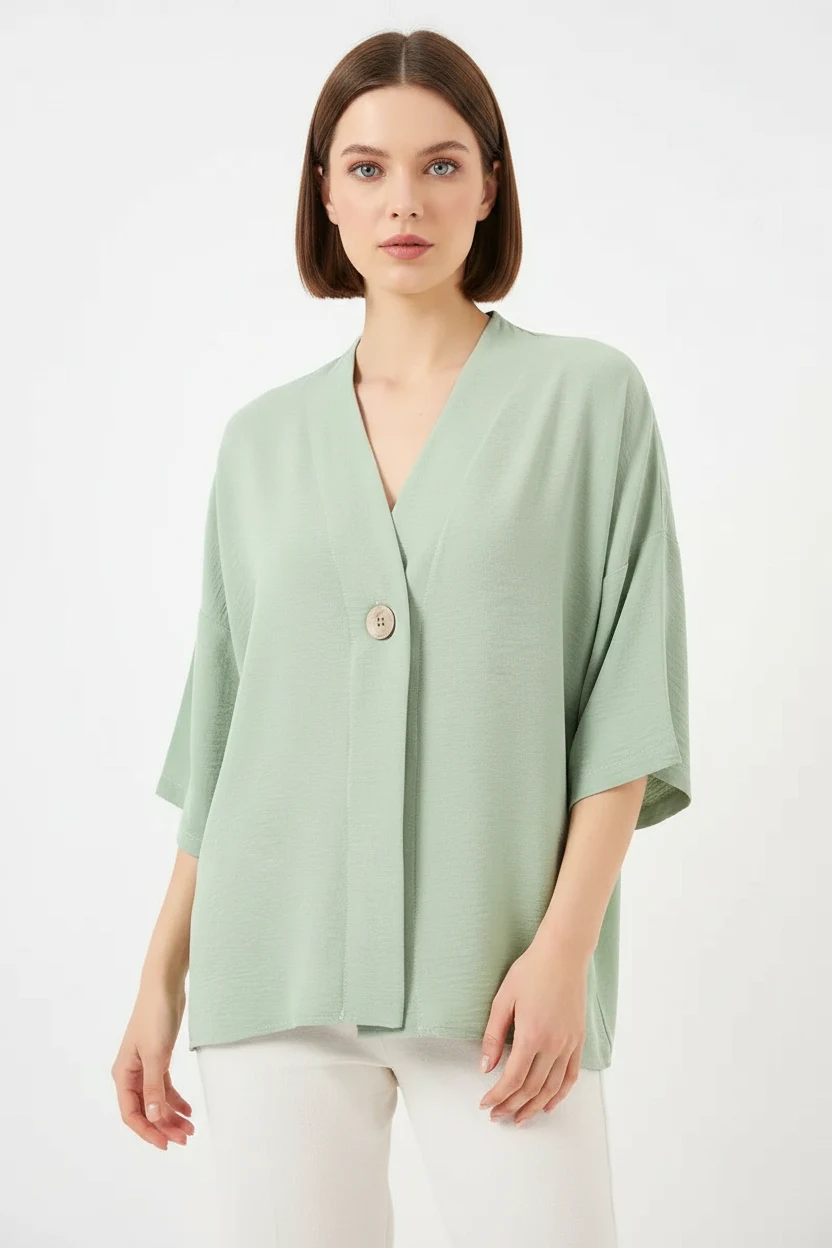  Kadın V Yaka Kısa Kol Oversize Çağla Yeşili Kimono 