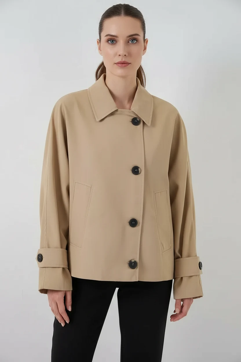  Kadın Klasik Yaka Düğmeli Oversize Bej Trençkot 
