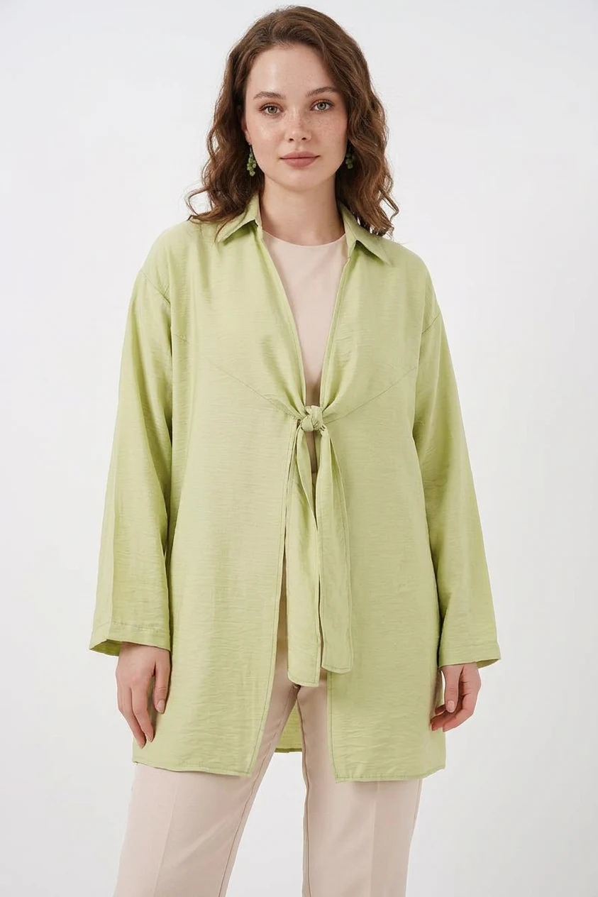  Kadın Gömlek Yaka Belden Bağcıklı Viskon Çağla Yeşili Kimono 