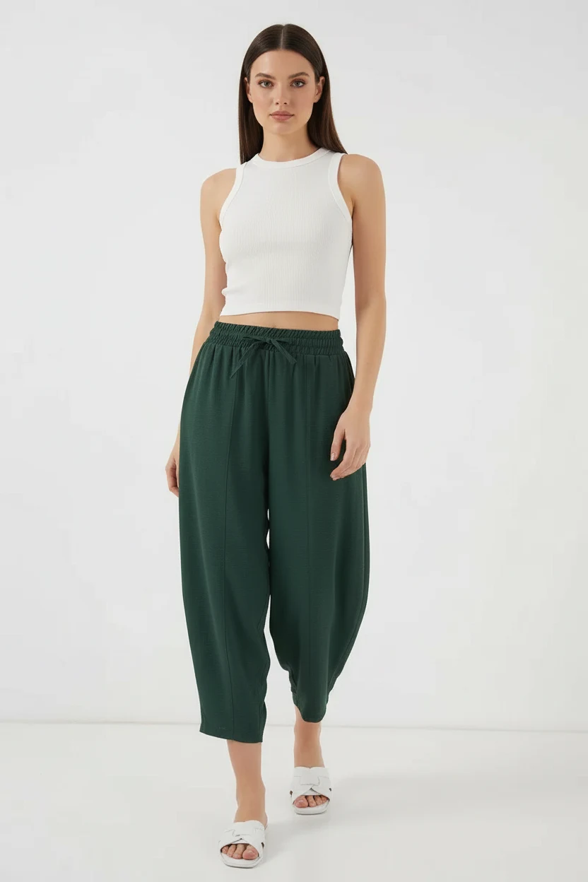  Kadın Yüksek Bel Kuşaklı Keten Zümrüt Yeşili Pantolon 