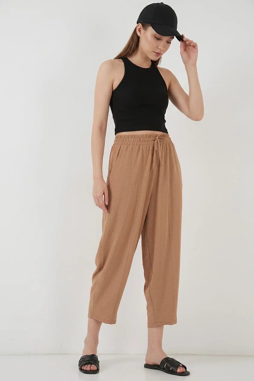  Kadın Yüksek Bel Keten Camel Pantolon 