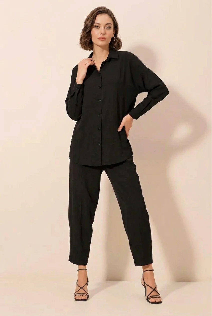  Kadın Gömlek Yaka Oversize Kesim Siyah İkili Takım 