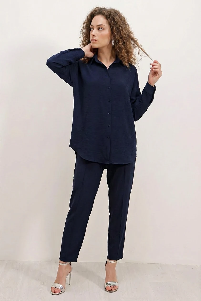  Kadın Gömlek Yaka Oversize Lacivert İkili Takım 