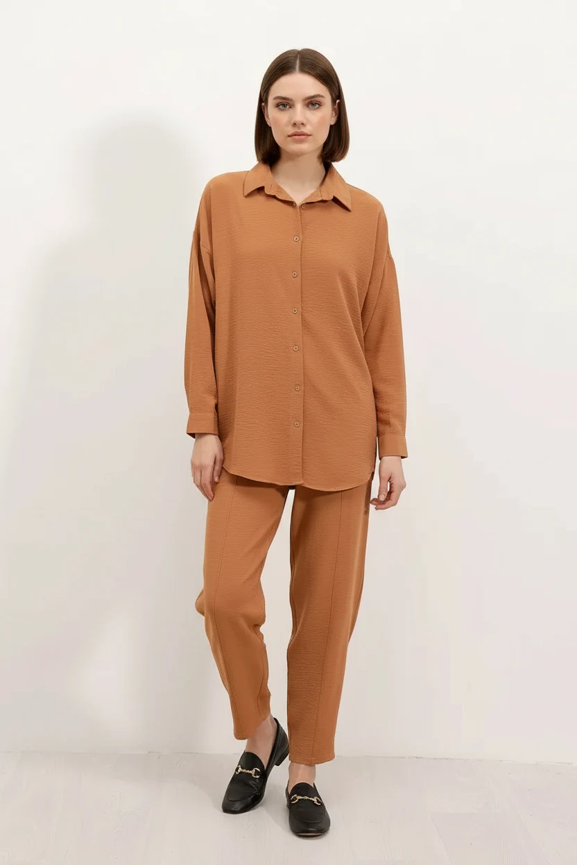  Kadın Gömlek Yaka Oversize Taba İkili Takım 