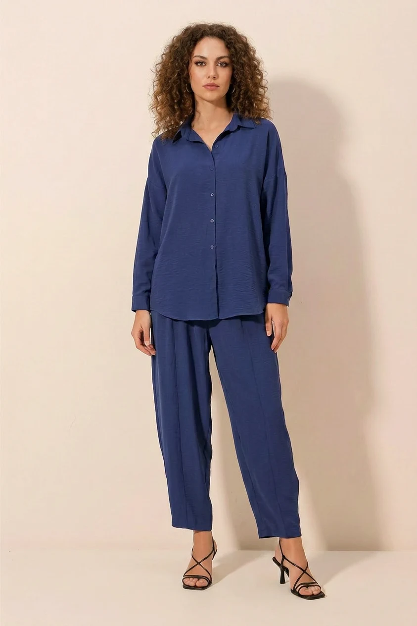  Kadın Gömlek Yaka Düğmeli Oversize Saks İkili Takım 