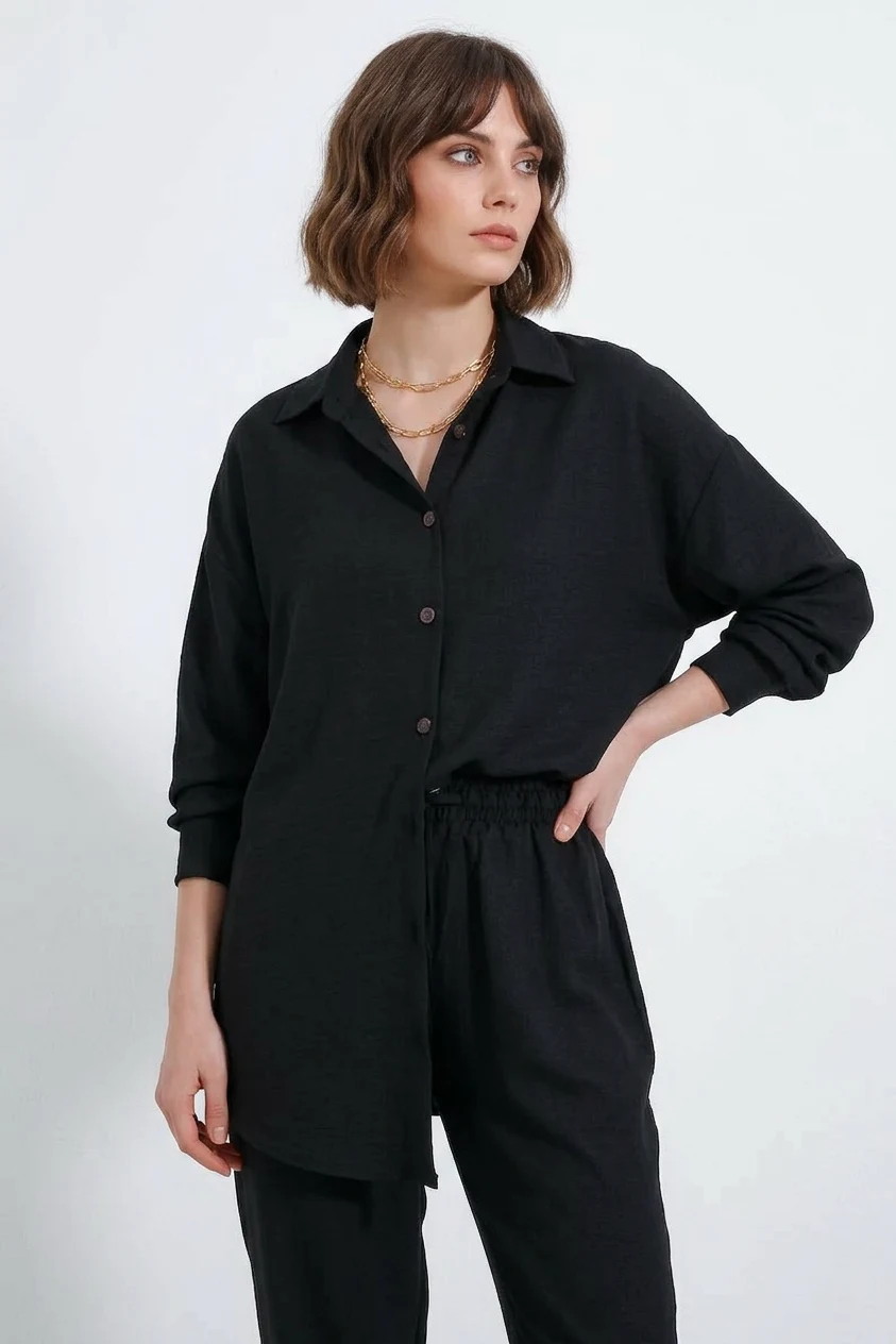  Kadın Beli Büzgülü Oversize Viskon Siyah Takım 