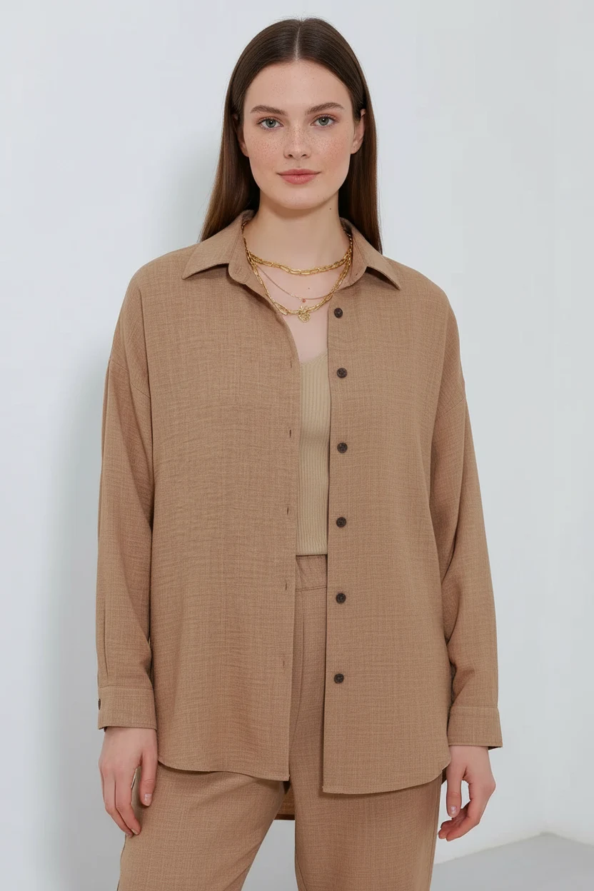  Kadın Oversize Viskon Camel Takım 