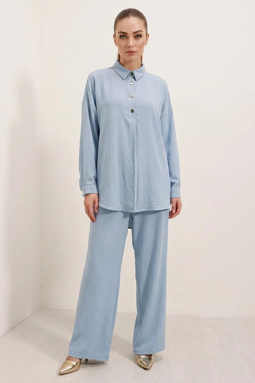  Kadın Bol Paça Oversize Mavi Takım 