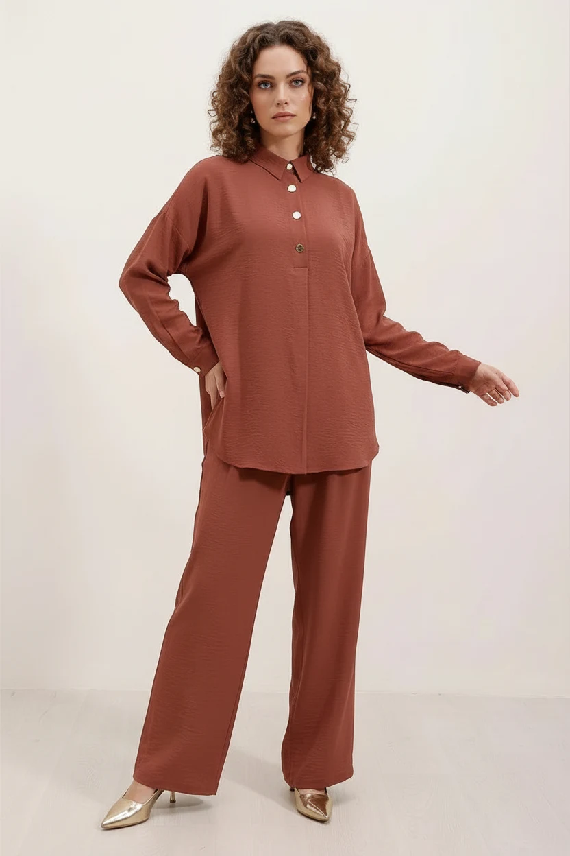  Kadın Düğmeli Oversize Kiremit Takım 