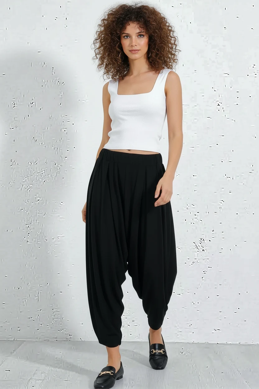  Kadın beli lastikli bol kesim Siyah Şalvar Pantolon 