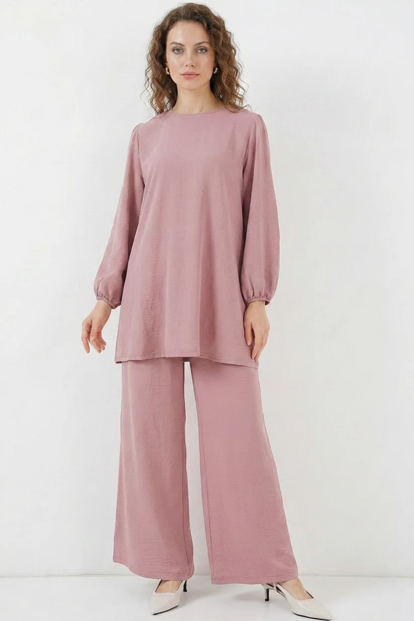  Kadın Yuvarlak Yaka Beli Büzgülü Pudra Tunik Pantolon Alt Üst Takım 