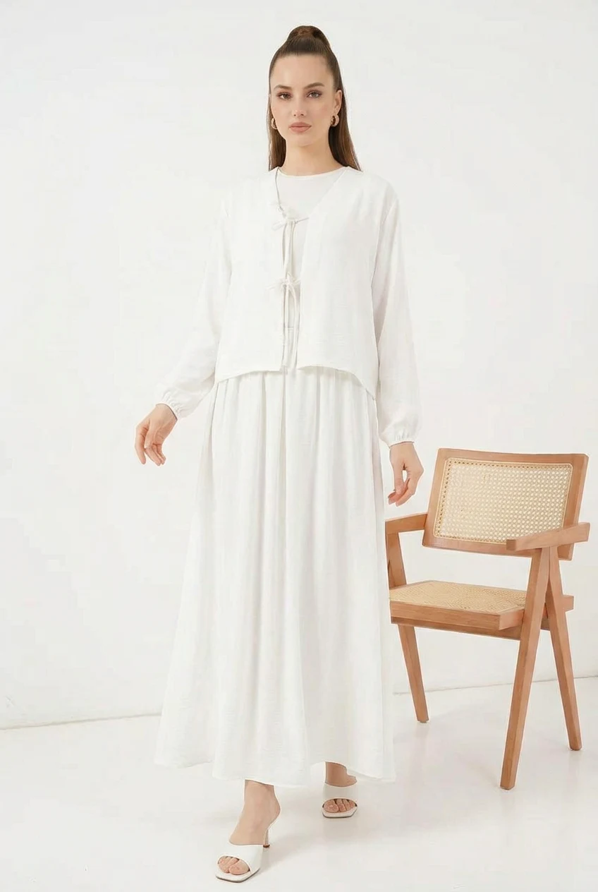  Kadın Kimono Yaka Beli Büzgülü Çiçek Desenli Beyaz İkili Takım 