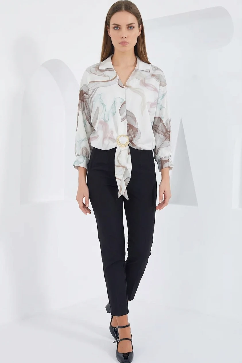  Kadın Crop Oversize Desenli Saten Kahverengi Gömlek 