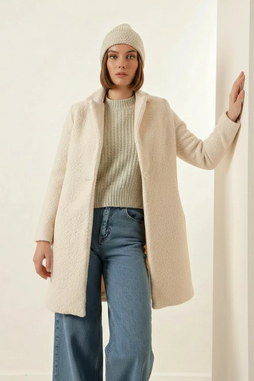  Kadın Klasik Yaka Oversize Kaşe Ekru Kaban 