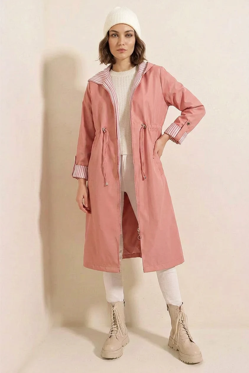 Kadın Beli Büzgülü Kapşonlu Çizgili Pembe Trençkot 