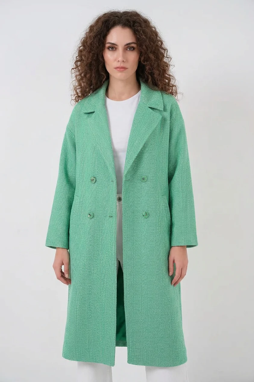  Kadın Geniş Yaka Oversize Balıksırtı Desenli Kaşe Yeşil Kaban 