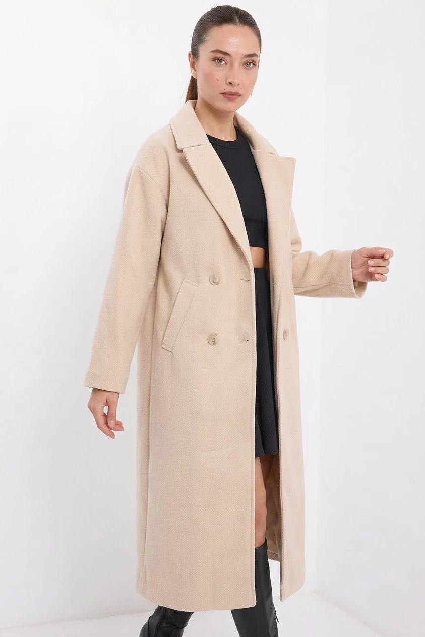  Kadın Yaka Oversize Geniş Kesim Kaşe Krem Kaban 