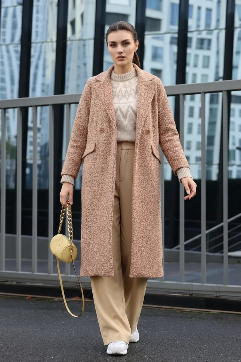  Kadın Kruvaze Yaka Buklet Oversize Taba Kaban 