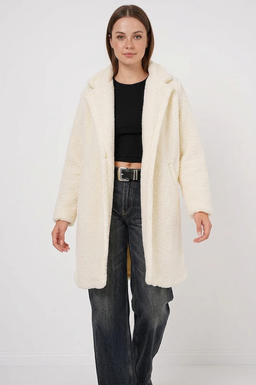 Kadın Geniş Yaka Oversize Ekru Kaban 