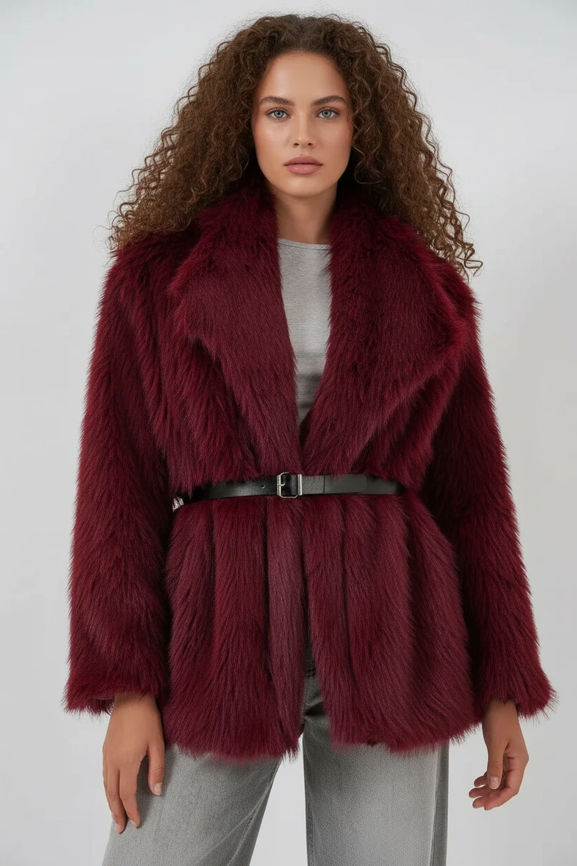  Kadın Geniş Yaka Kuşaklı Kürklü Oversize Bordo Kaban 