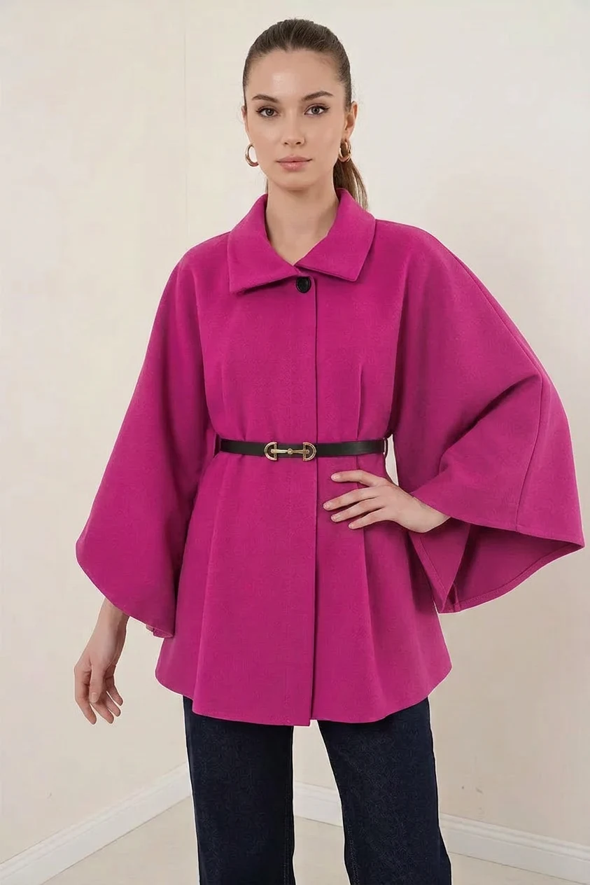  Kadın Gömlek Yaka Kemerli Pamuklu Koyu Pembe Panço 
