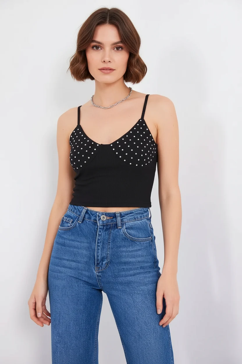  Kadın Askılı Noktalı Desen Pamuklu Siyah Crop Top 