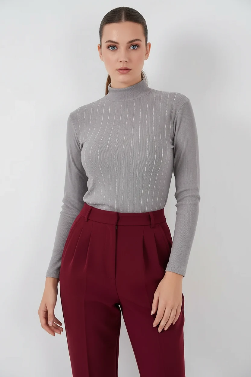  Kadın Balıkçı Yaka Dikey Çizgili Gri Body 