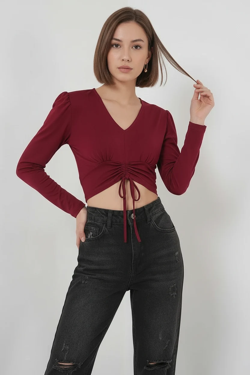  Kadın V Yaka Beli Büzgülü Kısa Boy Bordo Bluz 