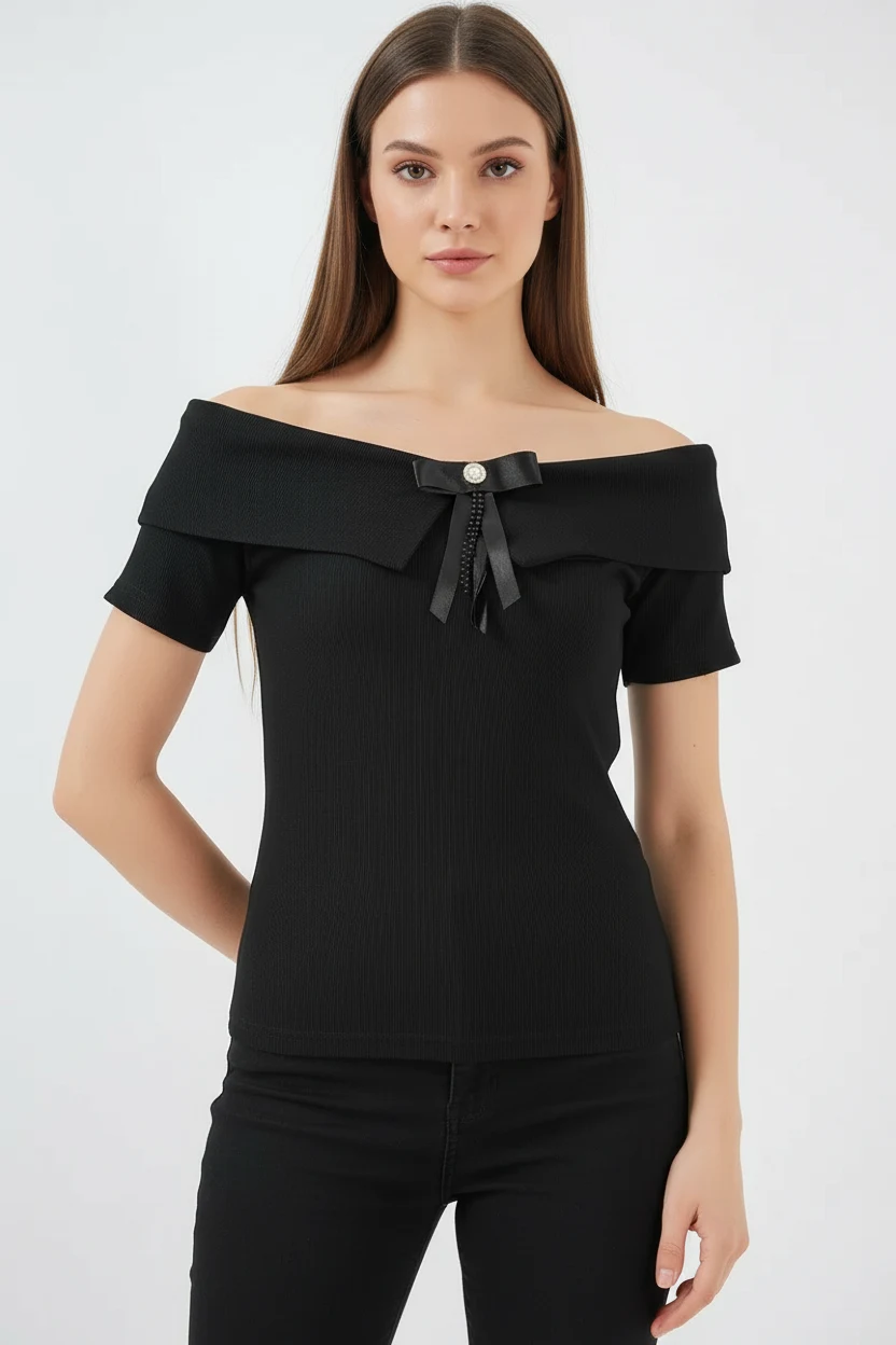  Kadın Off Shoulder Kurdele Detaylı Siyah Bluz 