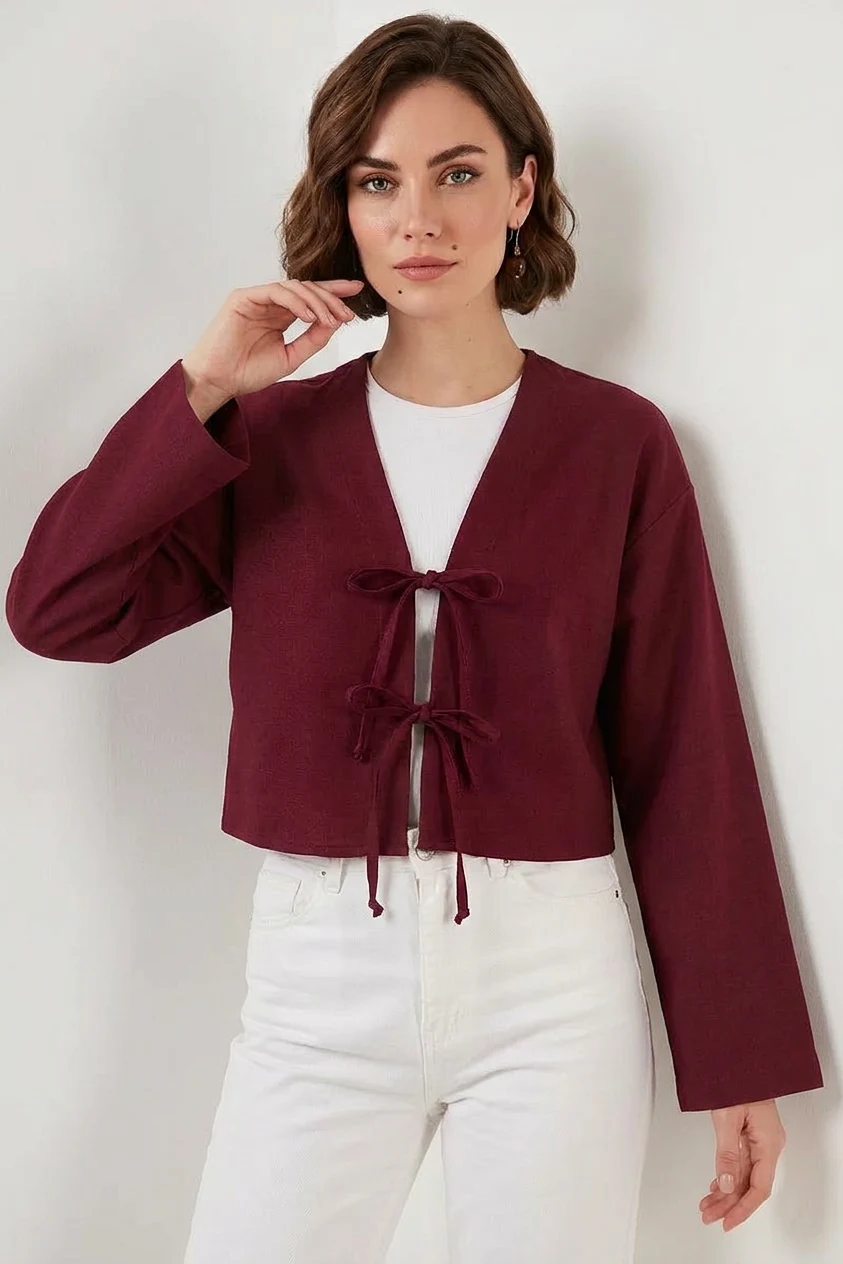  Kadın V Yaka Önü Bağlamalı Keten Bordo Kimono 