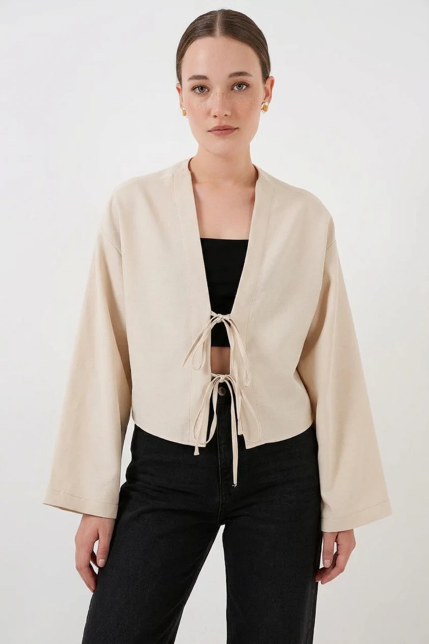 Kadın Yaka Önden Bağlamalı Önü Keten Krem Kimono 