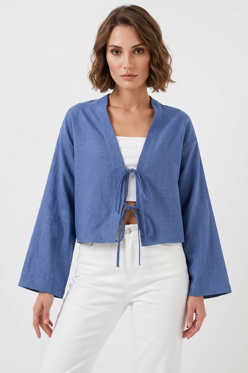  Kadın V Yaka Önden Bağlamalı Önü Keten İndigo Kimono 