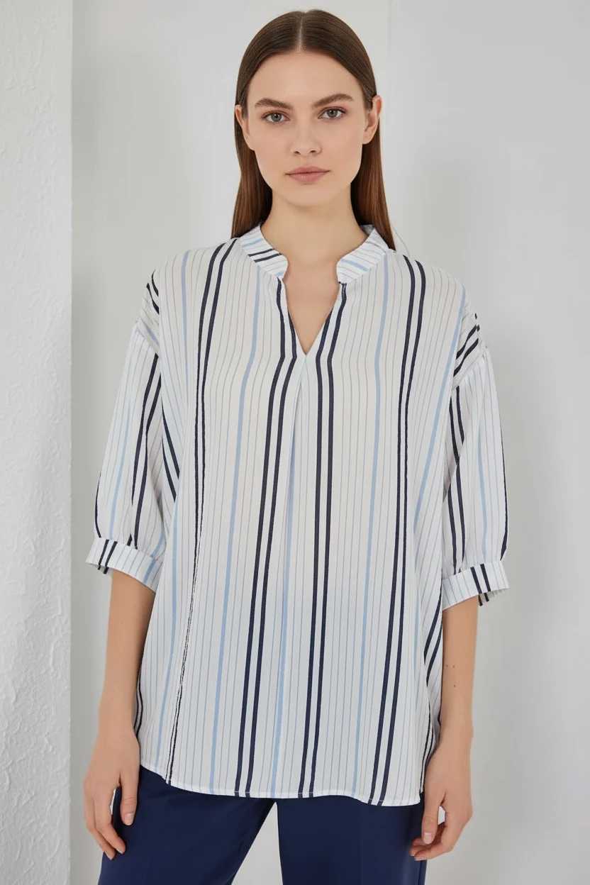  Kadın Gömlek Yaka Oversize Çizgili Pamuklu Açık Mavi Bluz 