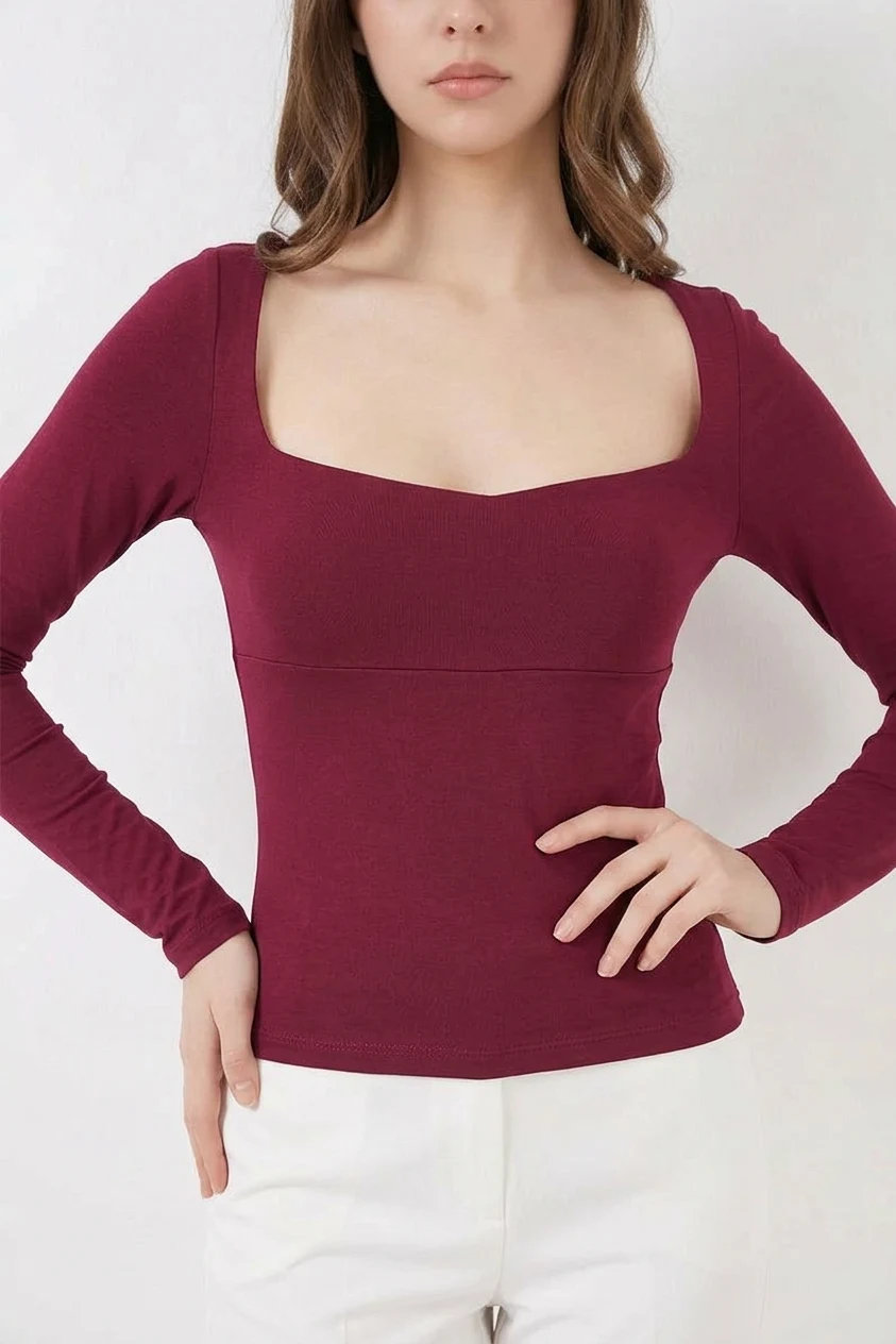  Kadın Kare Yaka Slim Fit Bordo Bluz 