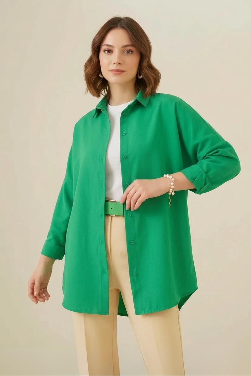  Kadın Oversize Kesim Basic Pamuklu Yeşil Tesettür Gömlek 